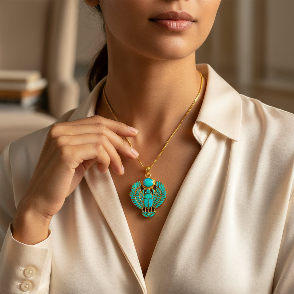 Gold Winged Scarab Pendant, Opal Egyptian Amulet, Talisman Necklace