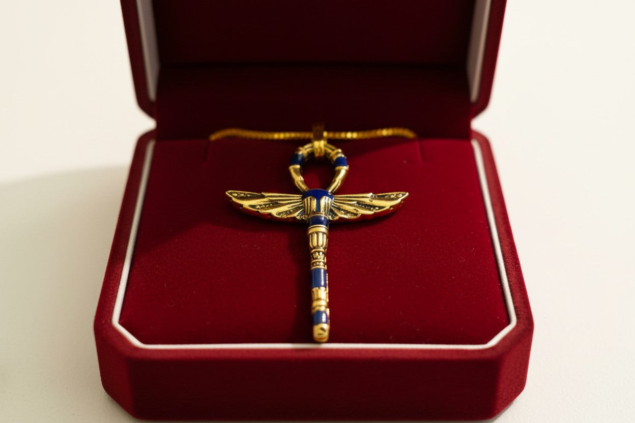Gold Winged Ankh Pendant Necklace, Egyptian Key of Life Talisman