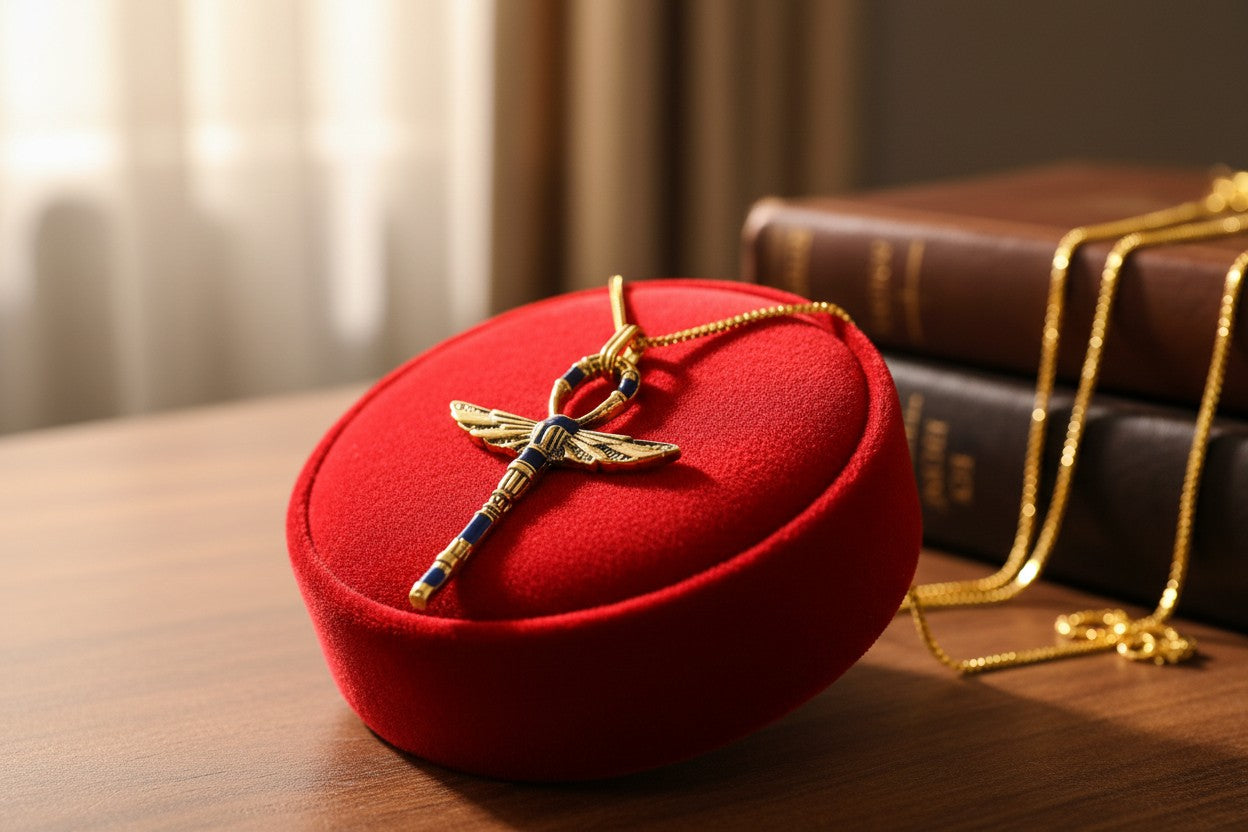 Gold Winged Ankh Pendant Necklace, Egyptian Key of Life Talisman