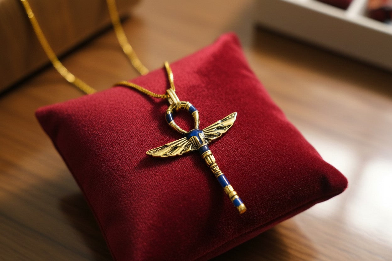 Gold Winged Ankh Pendant Necklace, Egyptian Key of Life Talisman