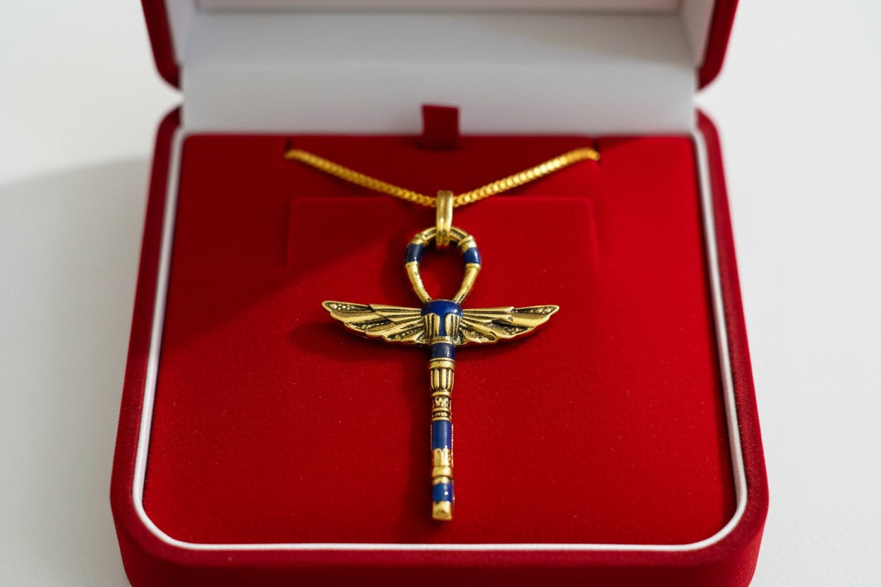Gold Winged Ankh Pendant Necklace, Egyptian Key of Life Talisman