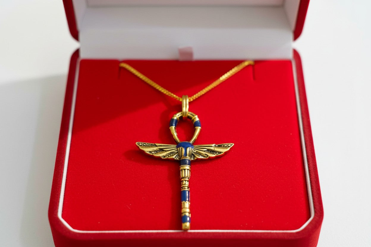 Gold Winged Ankh Pendant Necklace, Egyptian Key of Life Talisman