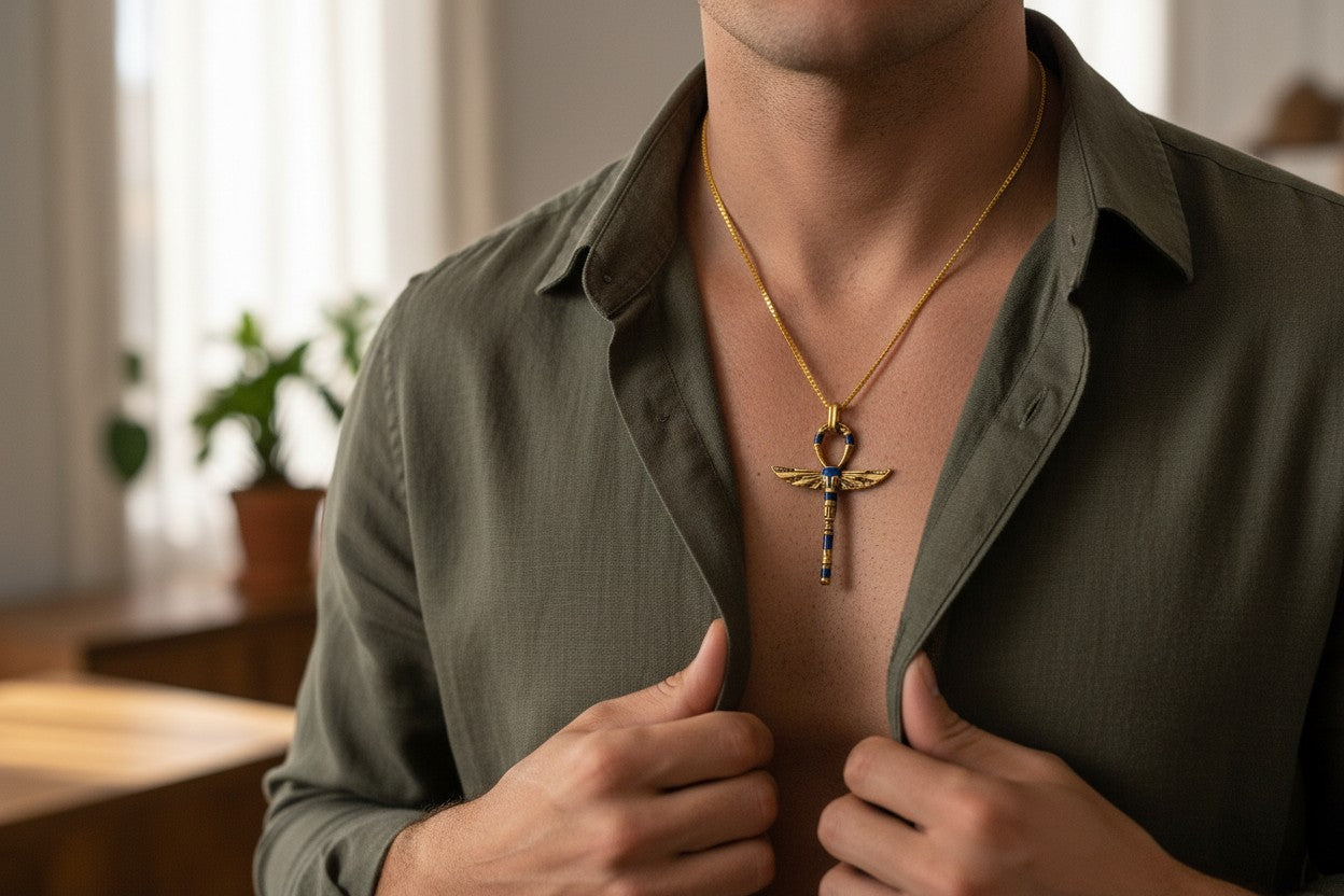 Gold Winged Ankh Pendant Necklace, Egyptian Key of Life Talisman