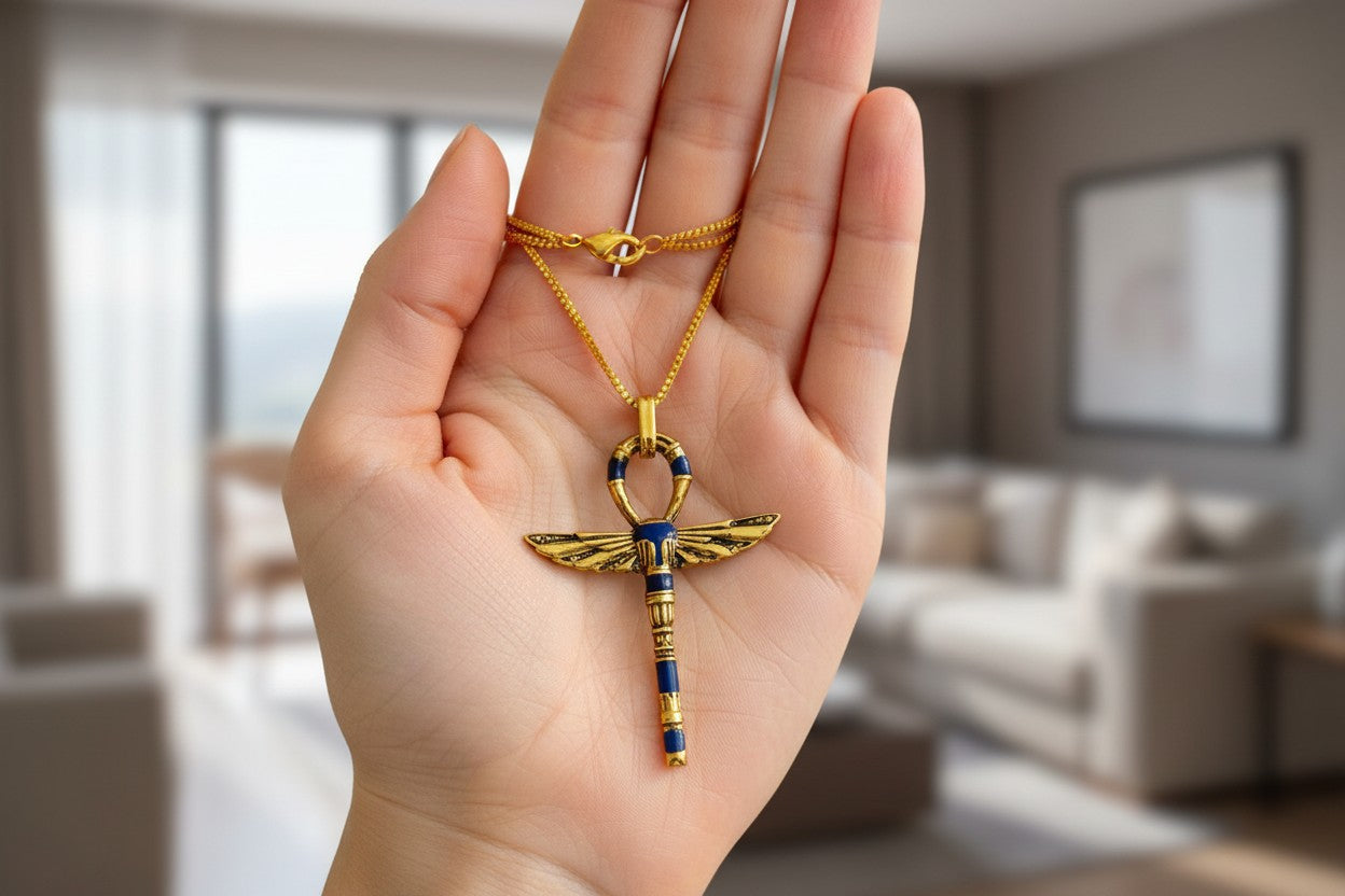 Gold Winged Ankh Pendant Necklace, Egyptian Key of Life Talisman