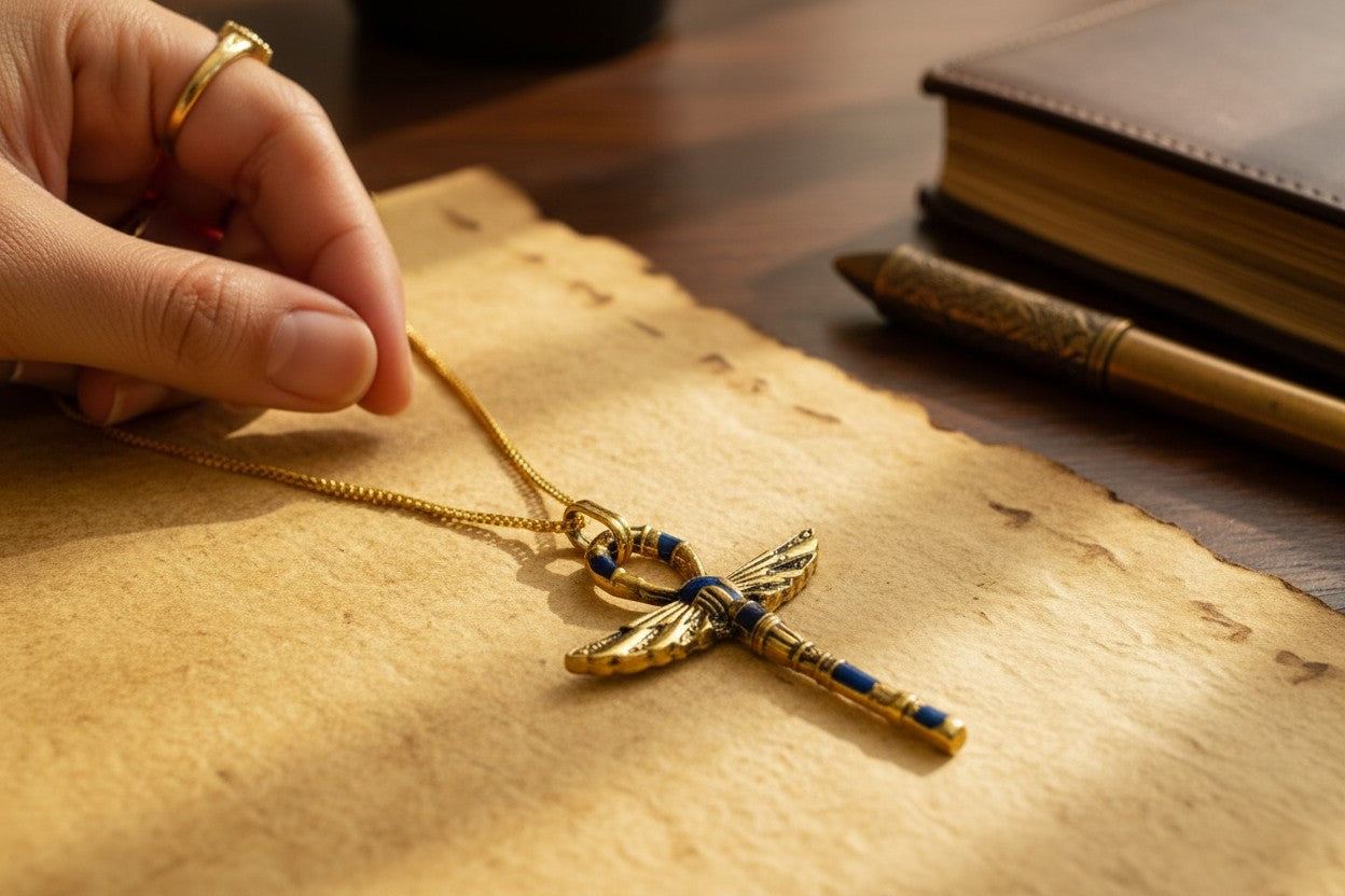 Gold Winged Ankh Pendant Necklace, Egyptian Key of Life Talisman