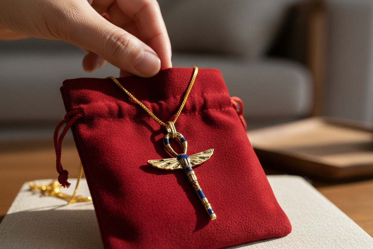 Gold Winged Ankh Pendant Necklace, Egyptian Key of Life Talisman