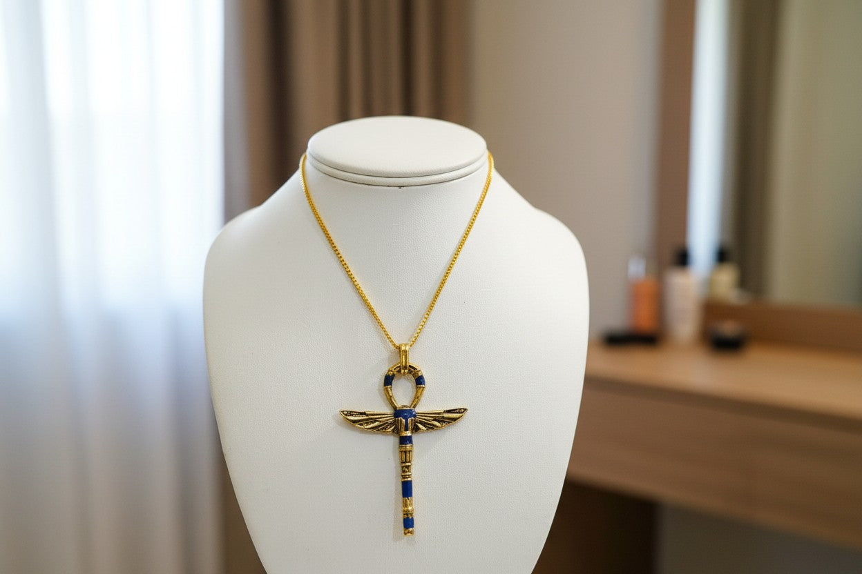 Gold Winged Ankh Pendant Necklace, Egyptian Key of Life Talisman