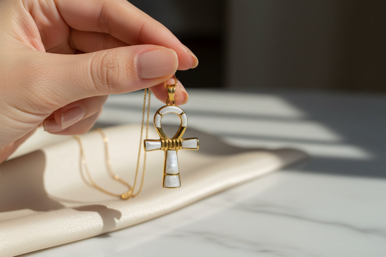 Gold Ankh Necklace, Mother of Pearl Egyptian Key of Life Pendant