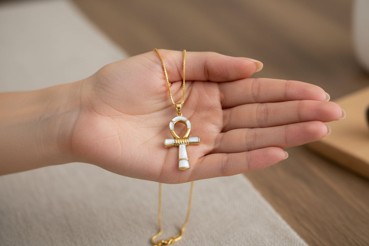 Gold Ankh Necklace, Mother of Pearl Egyptian Key of Life Pendant