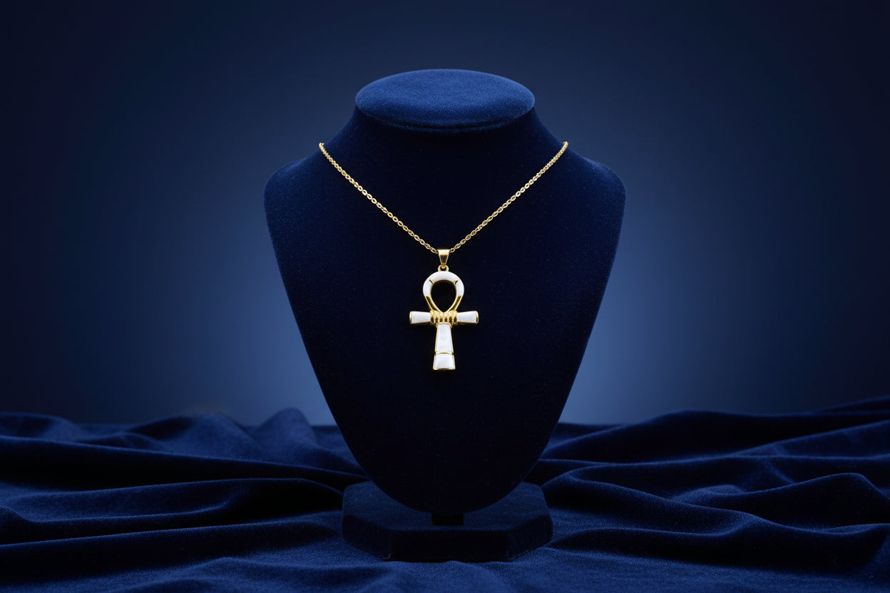 Gold Ankh Necklace, Mother of Pearl Egyptian Key of Life Pendant
