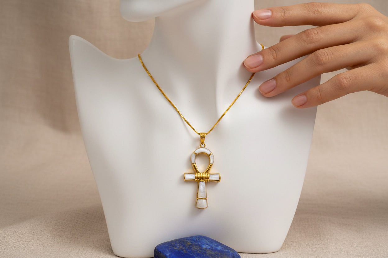 Gold Ankh Necklace, Mother of Pearl Egyptian Key of Life Pendant