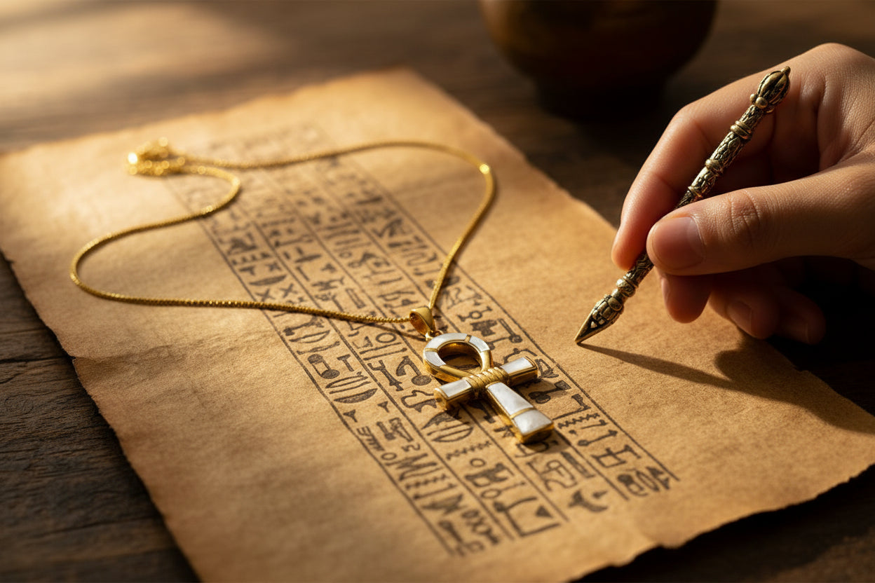 Gold Ankh Necklace, Mother of Pearl Egyptian Key of Life Pendant