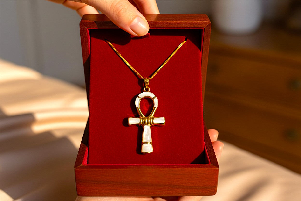 Gold Ankh Necklace, Mother of Pearl Egyptian Key of Life Pendant