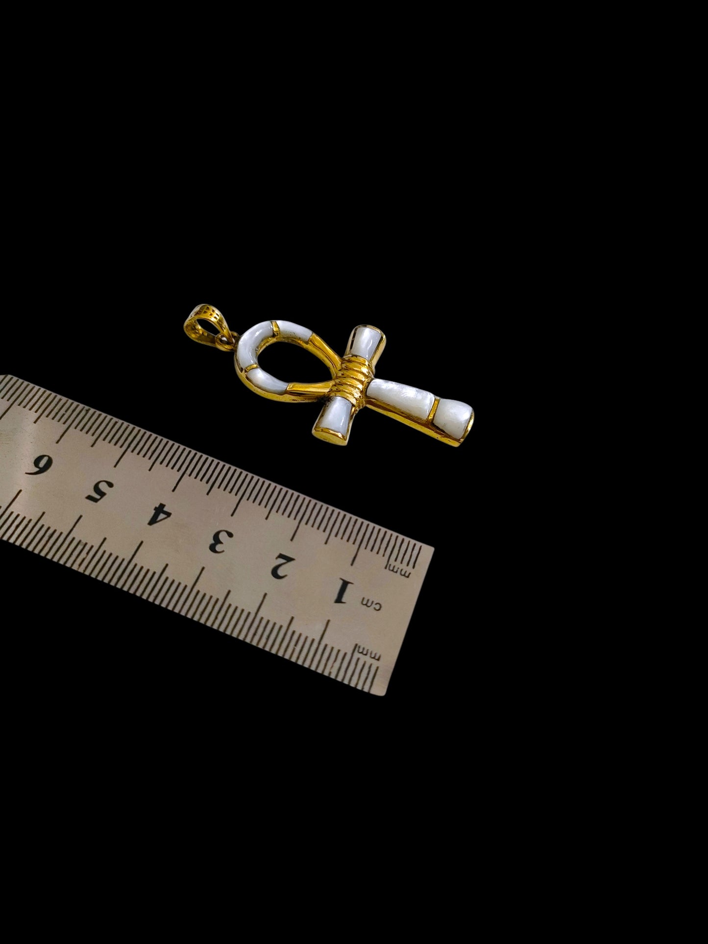 Gold Ankh Necklace, Mother of Pearl Egyptian Key of Life Pendant