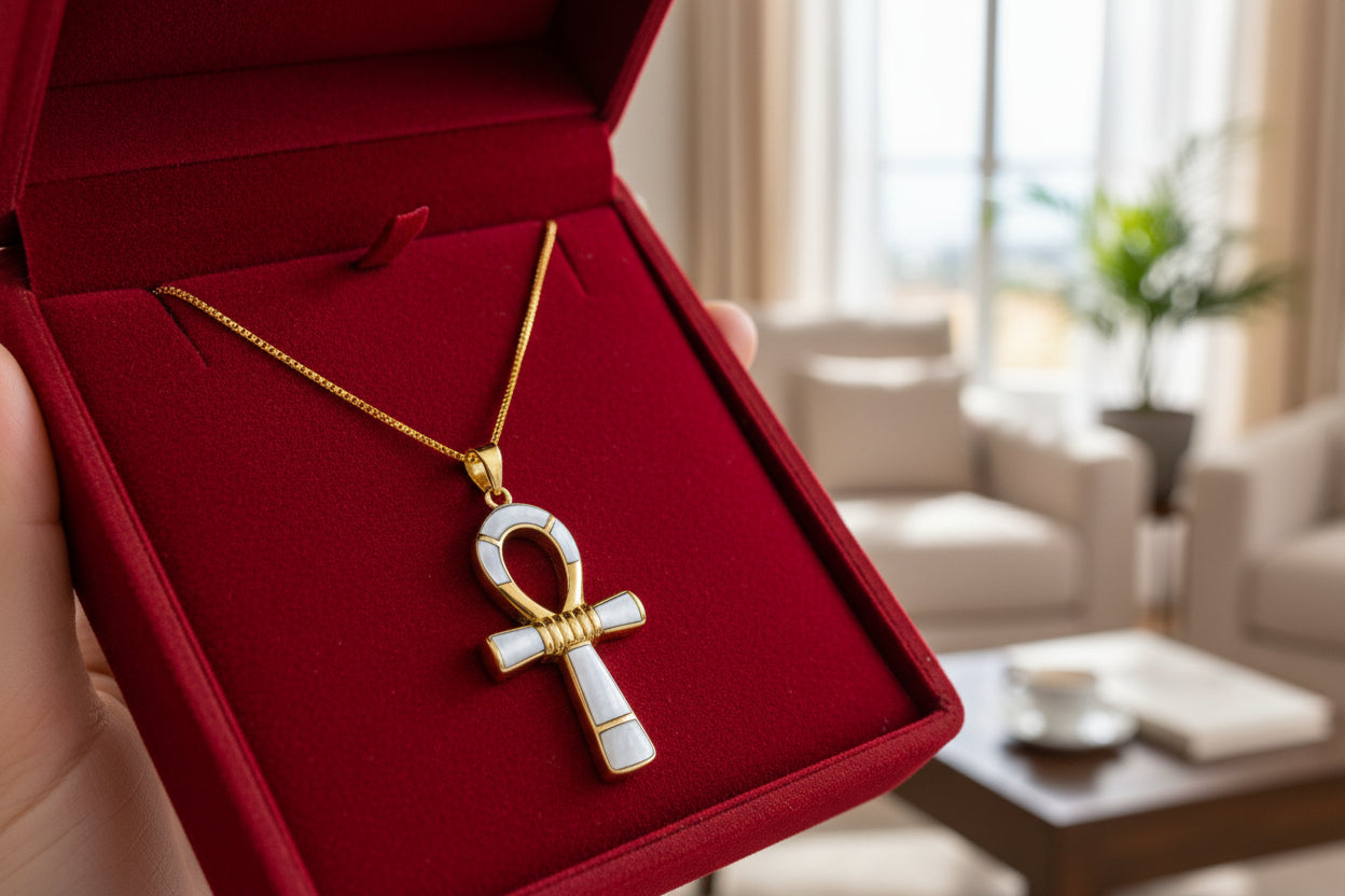 Gold Ankh Necklace, Mother of Pearl Egyptian Key of Life Pendant