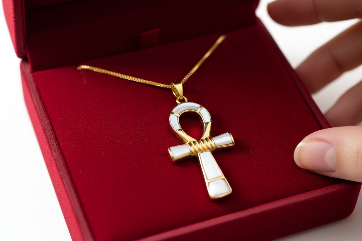 Gold Ankh Necklace, Mother of Pearl Egyptian Key of Life Pendant