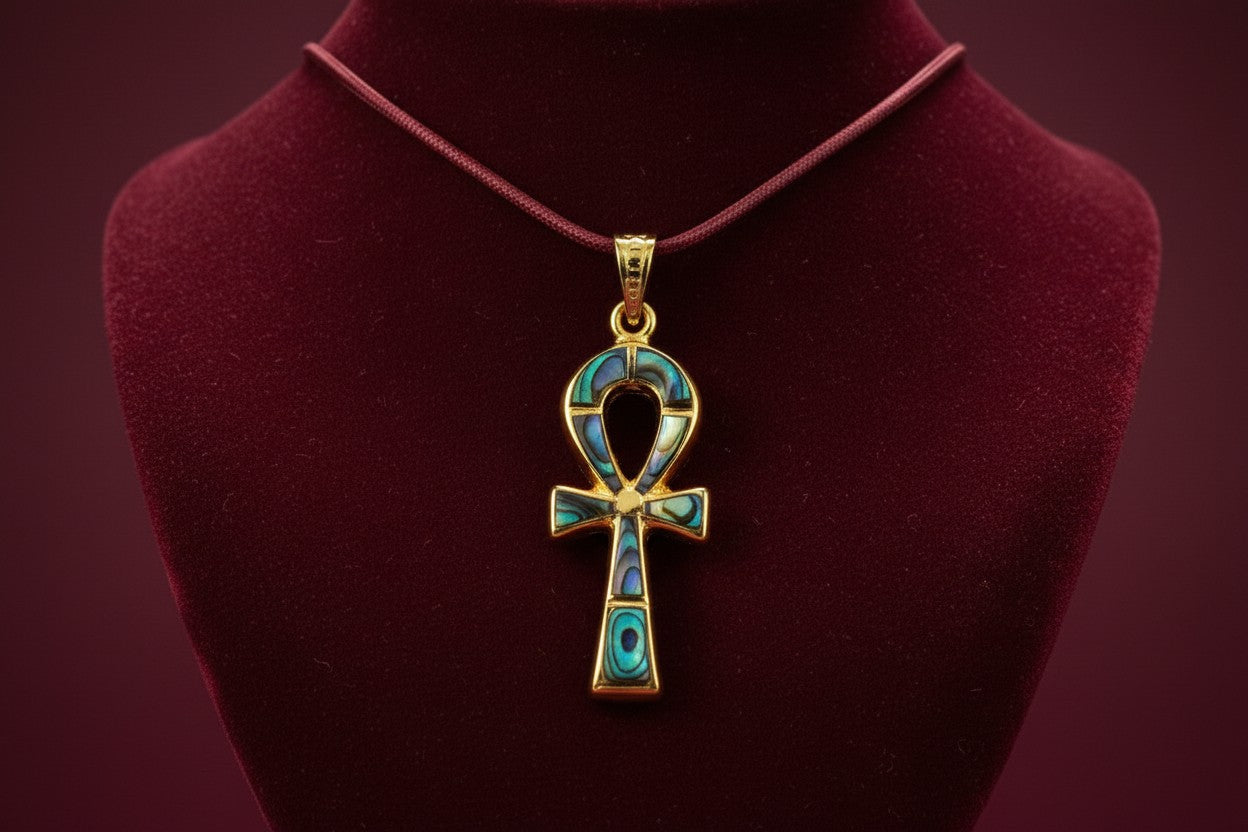 Gold Key of Life Pendant, Egyptian Abalone Ankh Necklace, Ancient Egypt Jewelry, Protection Amulet, Spiritual Gift for Her Him