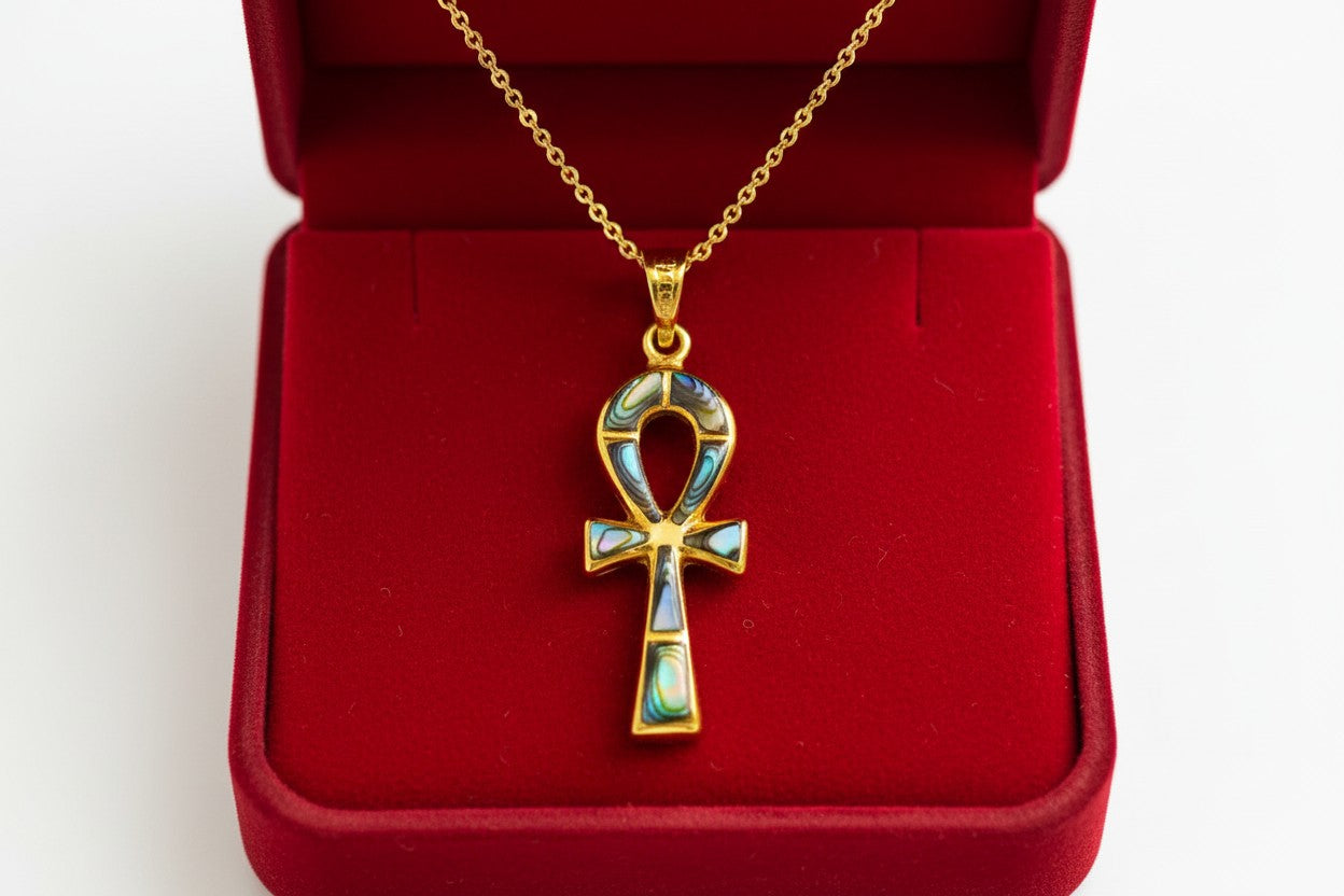 Gold Key of Life Pendant, Egyptian Abalone Ankh Necklace, Ancient Egypt Jewelry, Protection Amulet, Spiritual Gift for Her Him