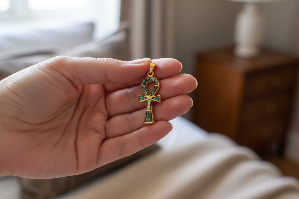 Gold Key of Life Pendant, Egyptian Abalone Ankh Necklace, Ancient Egypt Jewelry, Protection Amulet, Spiritual Gift for Her Him