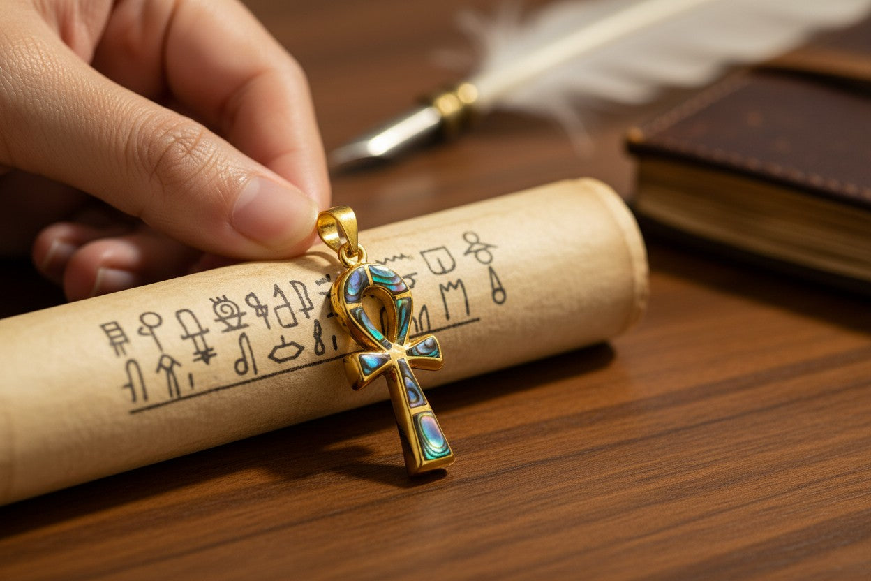 Gold Key of Life Pendant, Egyptian Abalone Ankh Necklace, Ancient Egypt Jewelry, Protection Amulet, Spiritual Gift for Her Him