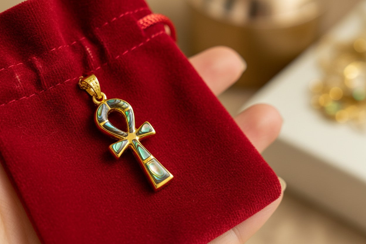 Gold Key of Life Pendant, Egyptian Abalone Ankh Necklace, Ancient Egypt Jewelry, Protection Amulet, Spiritual Gift for Her Him