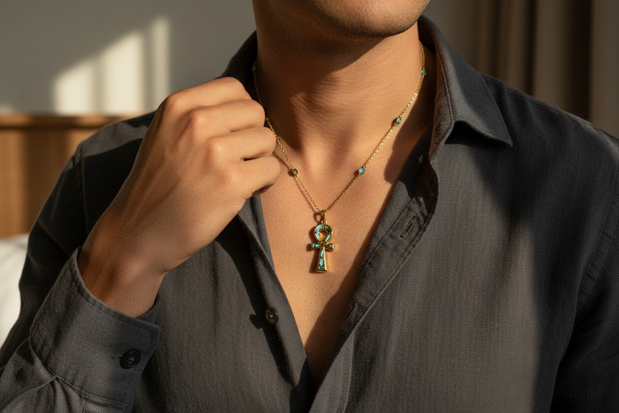Gold Key of Life Pendant, Egyptian Abalone Ankh Necklace, Ancient Egypt Jewelry, Protection Amulet, Spiritual Gift for Her Him