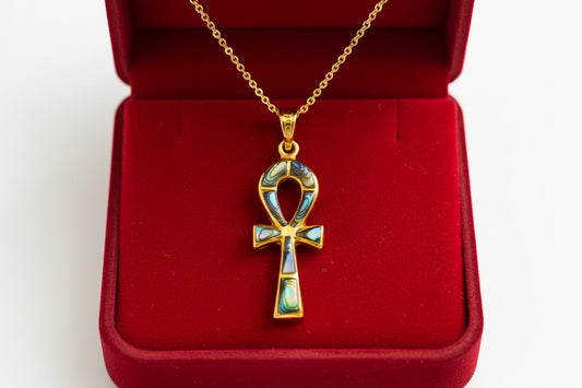 Gold Key of Life Pendant, Egyptian Abalone Ankh Necklace, Ancient Egypt Jewelry, Protection Amulet, Spiritual Gift for Her Him