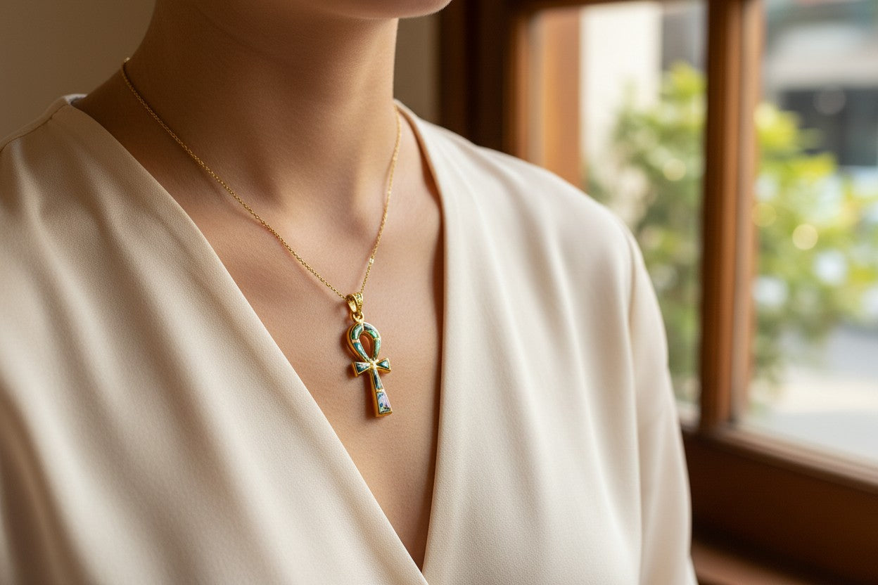 Gold Key of Life Pendant, Egyptian Abalone Ankh Necklace, Ancient Egypt Jewelry, Protection Amulet, Spiritual Gift for Her Him