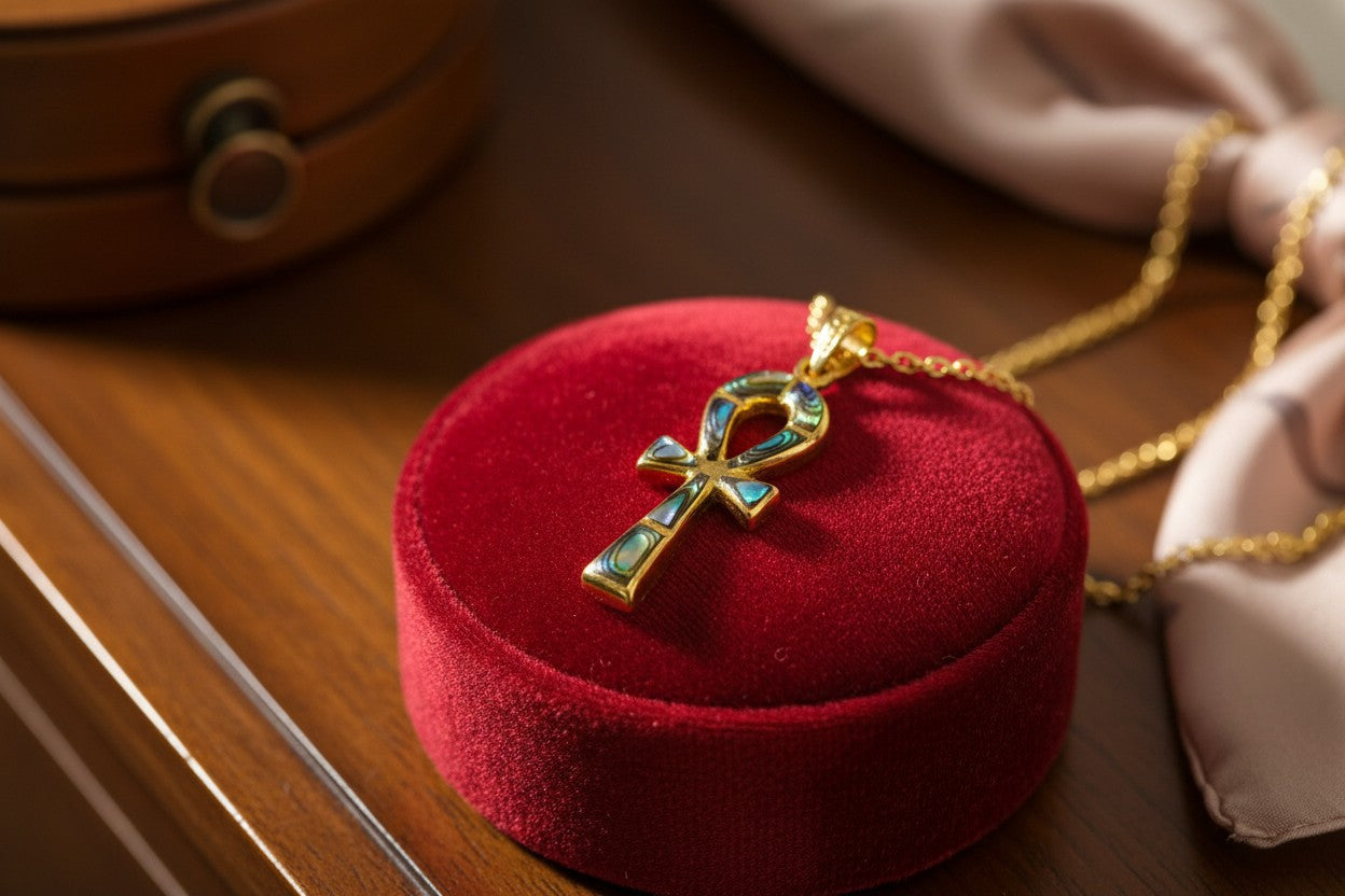 Gold Key of Life Pendant, Egyptian Abalone Ankh Necklace, Ancient Egypt Jewelry, Protection Amulet, Spiritual Gift for Her Him