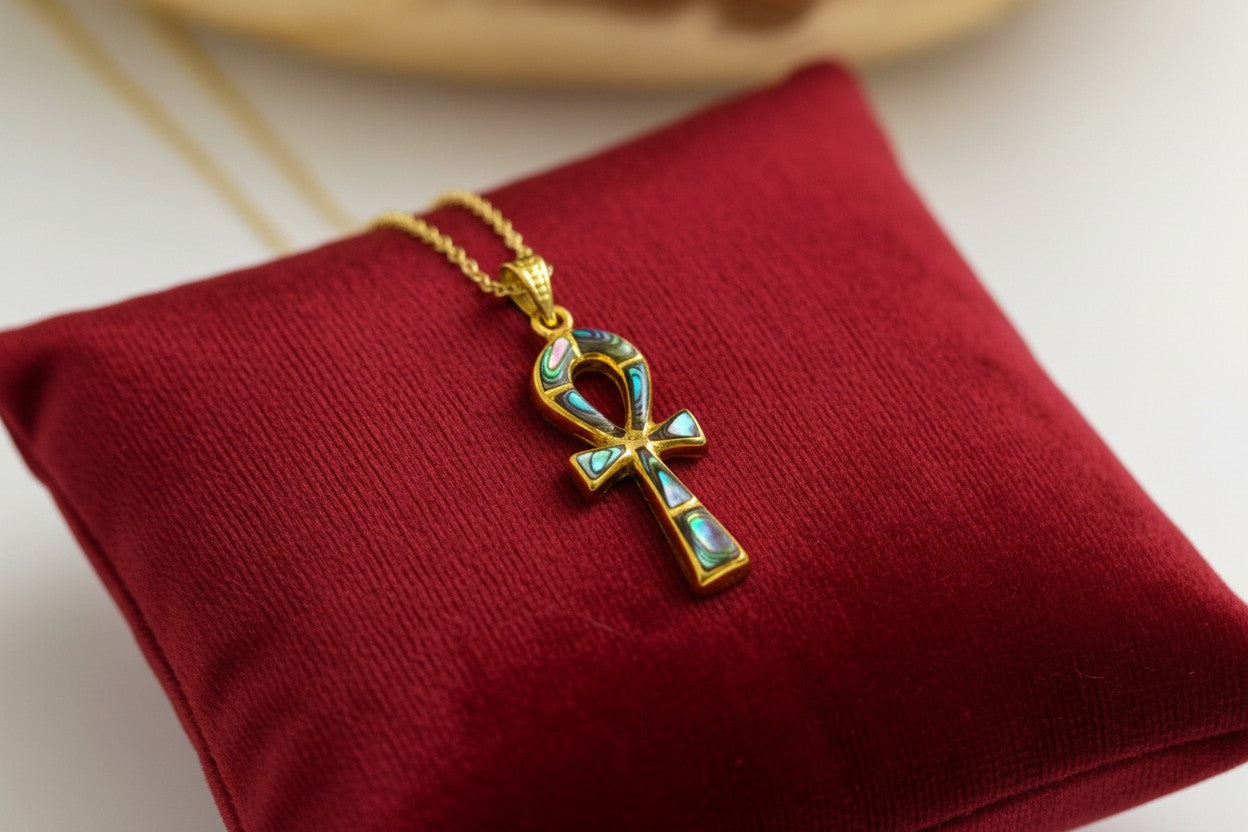Gold Key of Life Pendant, Egyptian Abalone Ankh Necklace, Ancient Egypt Jewelry, Protection Amulet, Spiritual Gift for Her Him