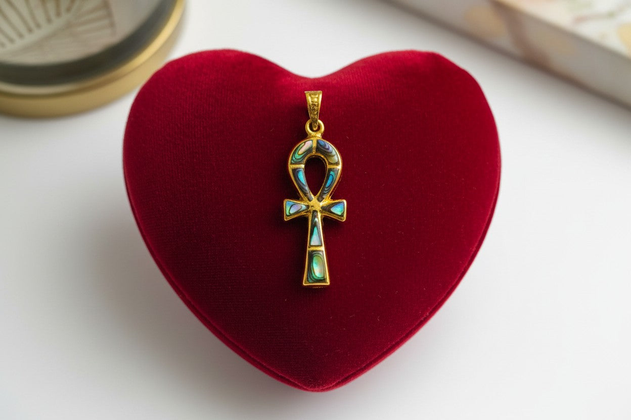 Gold Key of Life Pendant, Egyptian Abalone Ankh Necklace, Ancient Egypt Jewelry, Protection Amulet, Spiritual Gift for Her Him