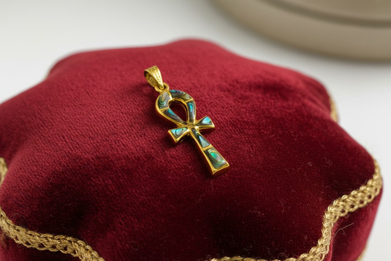 Gold Key of Life Pendant, Egyptian Abalone Ankh Necklace, Ancient Egypt Jewelry, Protection Amulet, Spiritual Gift for Her Him