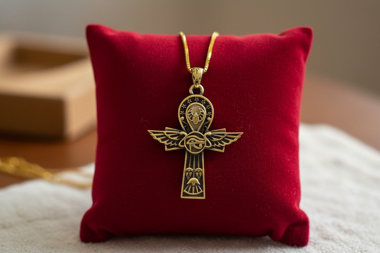 Key Of Life Ankh Gold Necklace, Ancient Egyptian Jewelry, Spiritual Protection Pendant, Handmade Talisman Gift, Sacred Symbol