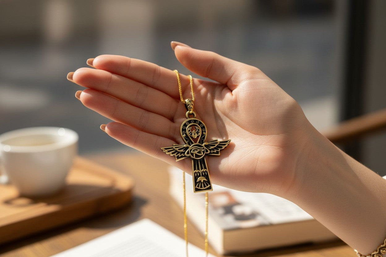 Key Of Life Ankh Gold Necklace, Ancient Egyptian Jewelry, Spiritual Protection Pendant, Handmade Talisman Gift, Sacred Symbol