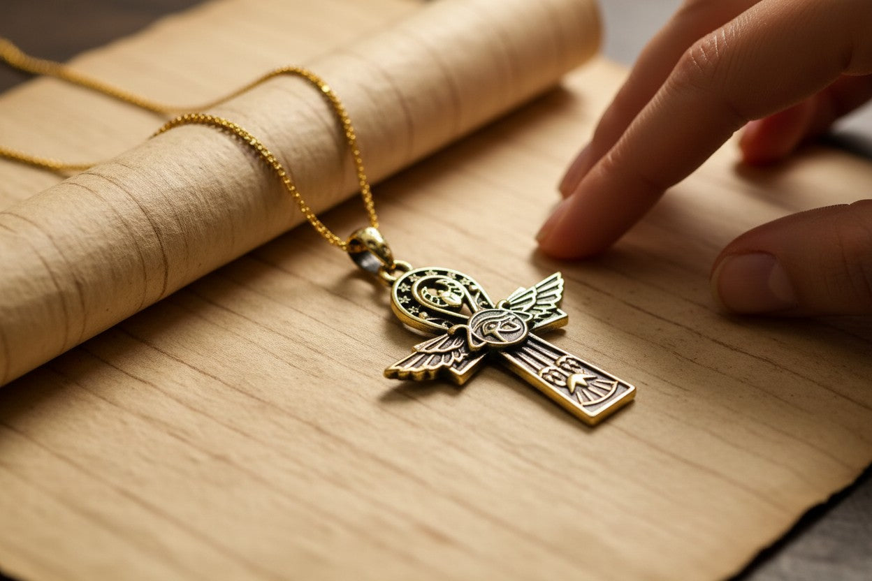 Key Of Life Ankh Gold Necklace, Ancient Egyptian Jewelry, Spiritual Protection Pendant, Handmade Talisman Gift, Sacred Symbol
