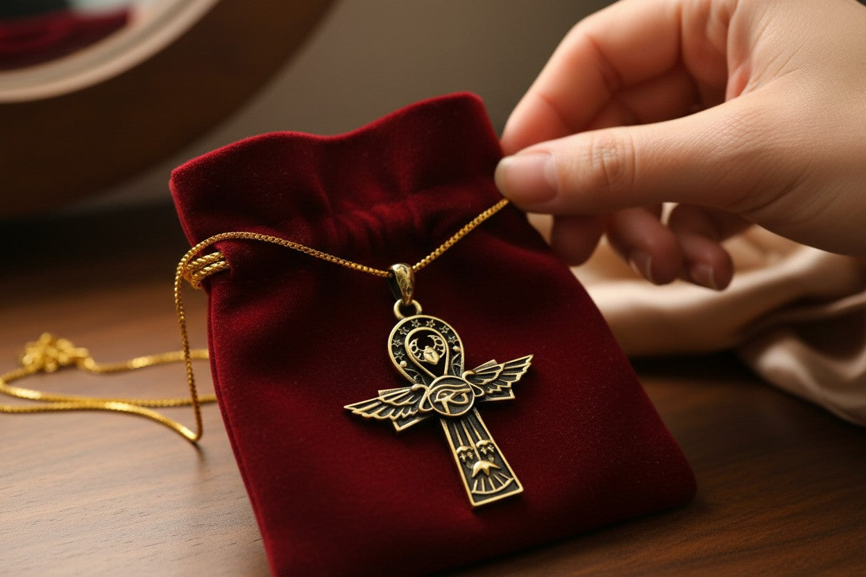 Key Of Life Ankh Gold Necklace, Ancient Egyptian Jewelry, Spiritual Protection Pendant, Handmade Talisman Gift, Sacred Symbol
