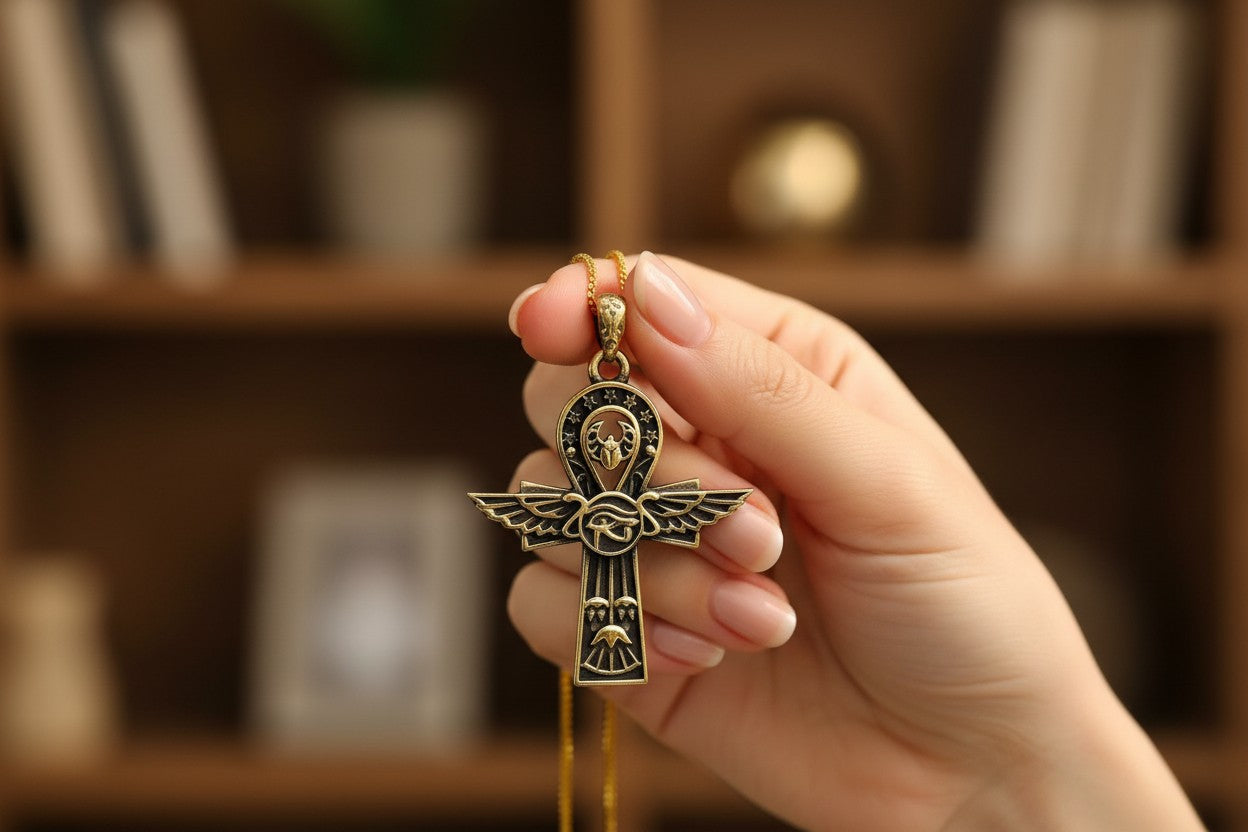 Key Of Life Ankh Gold Necklace, Ancient Egyptian Jewelry, Spiritual Protection Pendant, Handmade Talisman Gift, Sacred Symbol