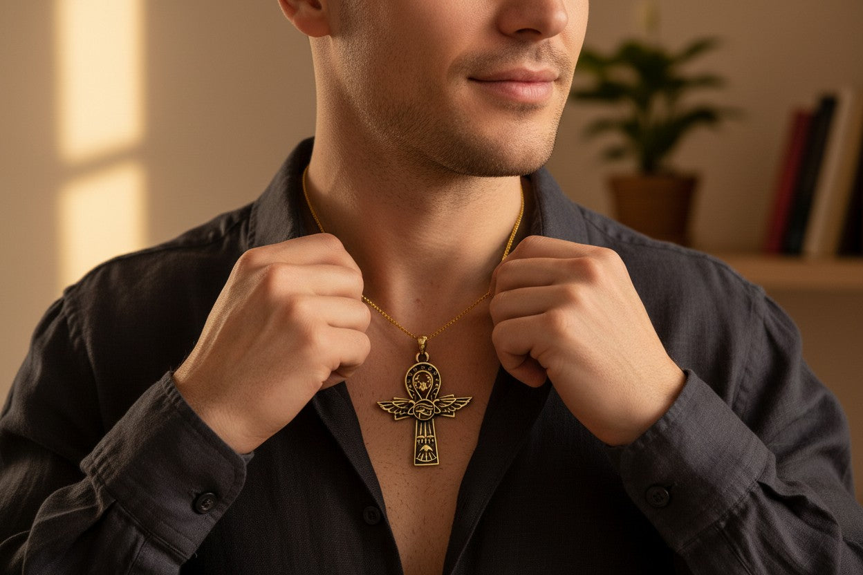 Key Of Life Ankh Gold Necklace, Ancient Egyptian Jewelry, Spiritual Protection Pendant, Handmade Talisman Gift, Sacred Symbol