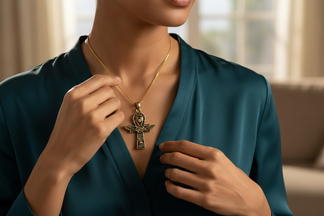 Key Of Life Ankh Gold Necklace, Ancient Egyptian Jewelry, Spiritual Protection Pendant, Handmade Talisman Gift, Sacred Symbol