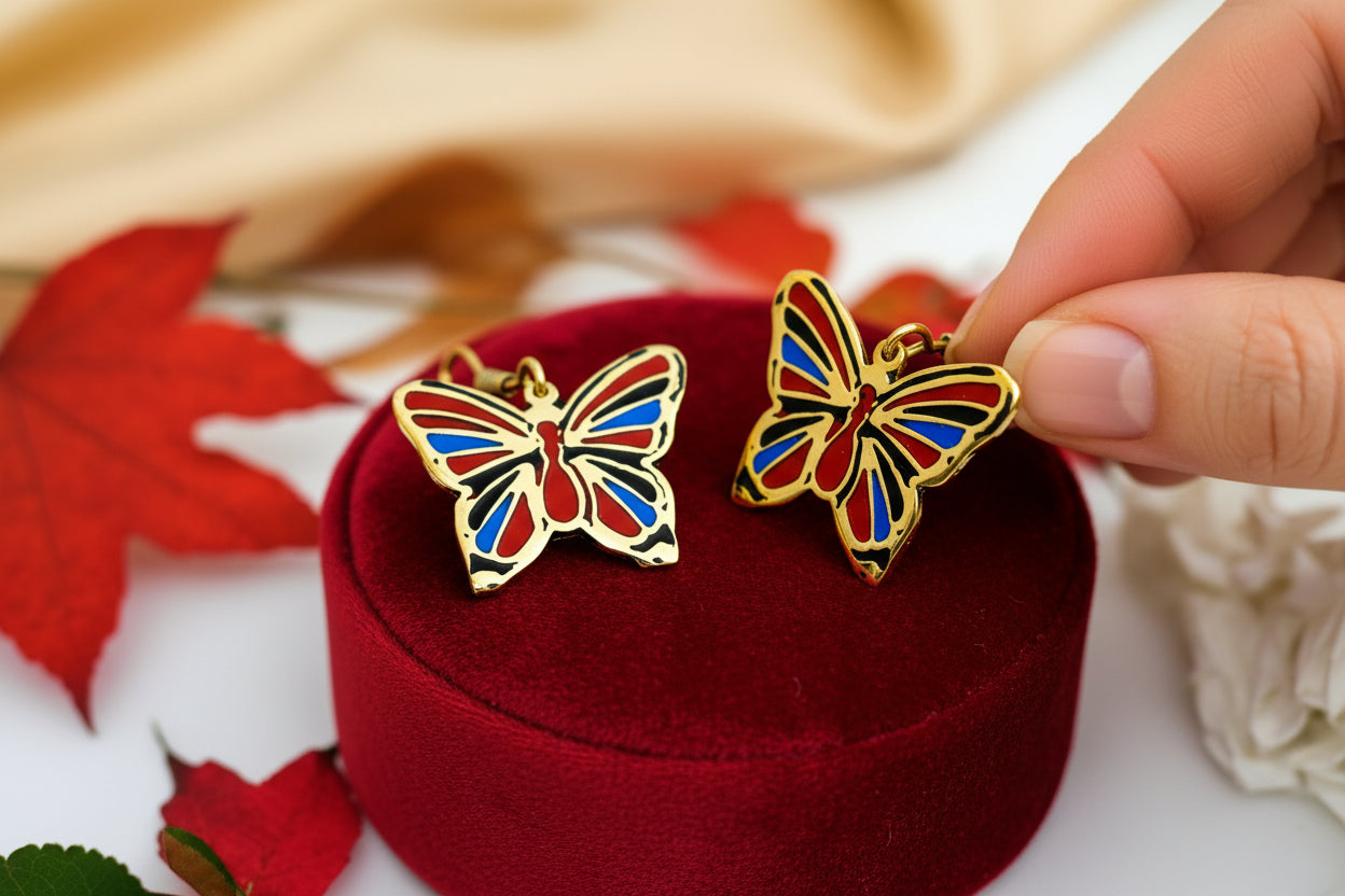 Gold Butterfly Earrings, Enamel Inlay, Egyptian Jewelry