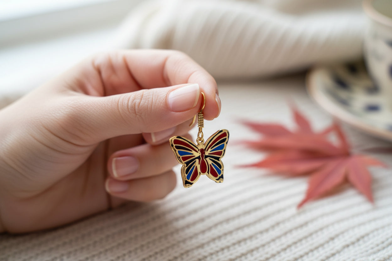 Gold Butterfly Earrings, Enamel Inlay, Egyptian Jewelry