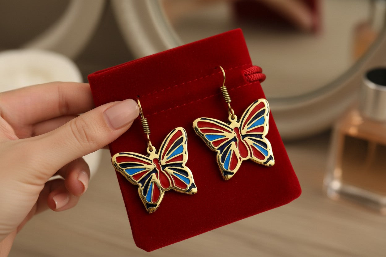 Gold Butterfly Earrings, Enamel Inlay, Egyptian Jewelry