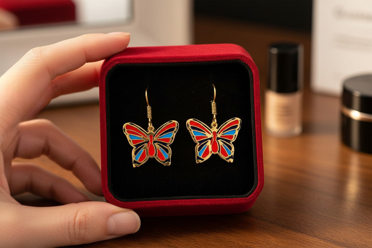 Gold Butterfly Earrings, Enamel Inlay, Egyptian Jewelry