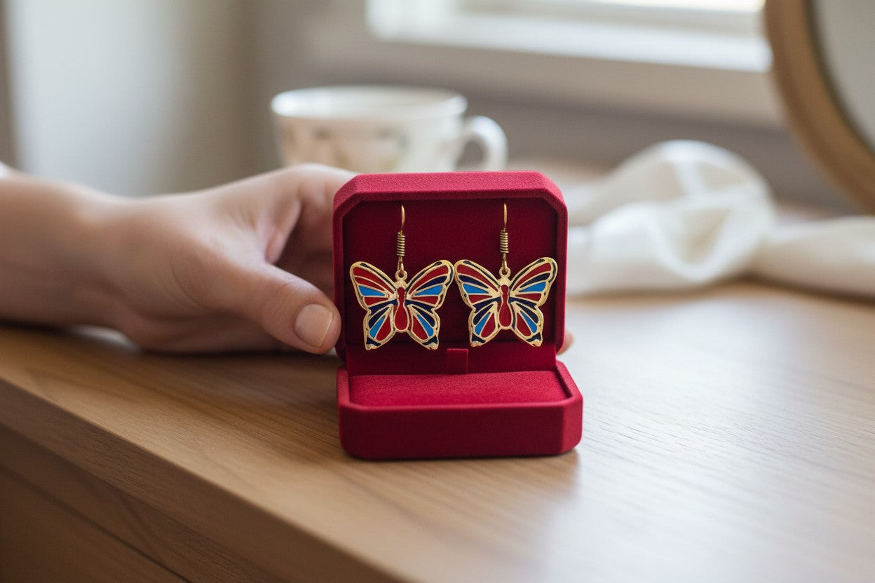 Gold Butterfly Earrings, Enamel Inlay, Egyptian Jewelry