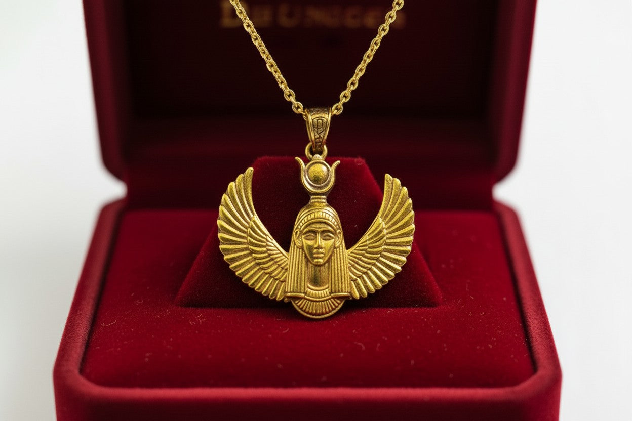 Gold Goddess Hathor Pendant, Large Egyptian Goddess Necklace