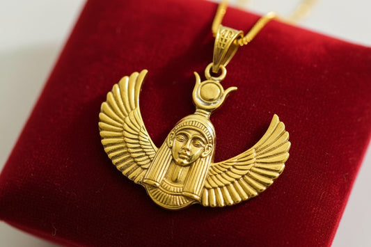 Gold Goddess Hathor Pendant, Large Egyptian Goddess Necklace