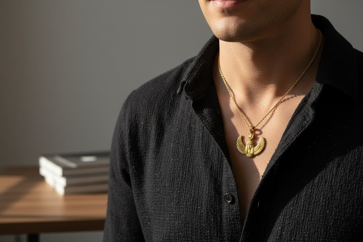 Gold Goddess Hathor Pendant, Large Egyptian Goddess Necklace