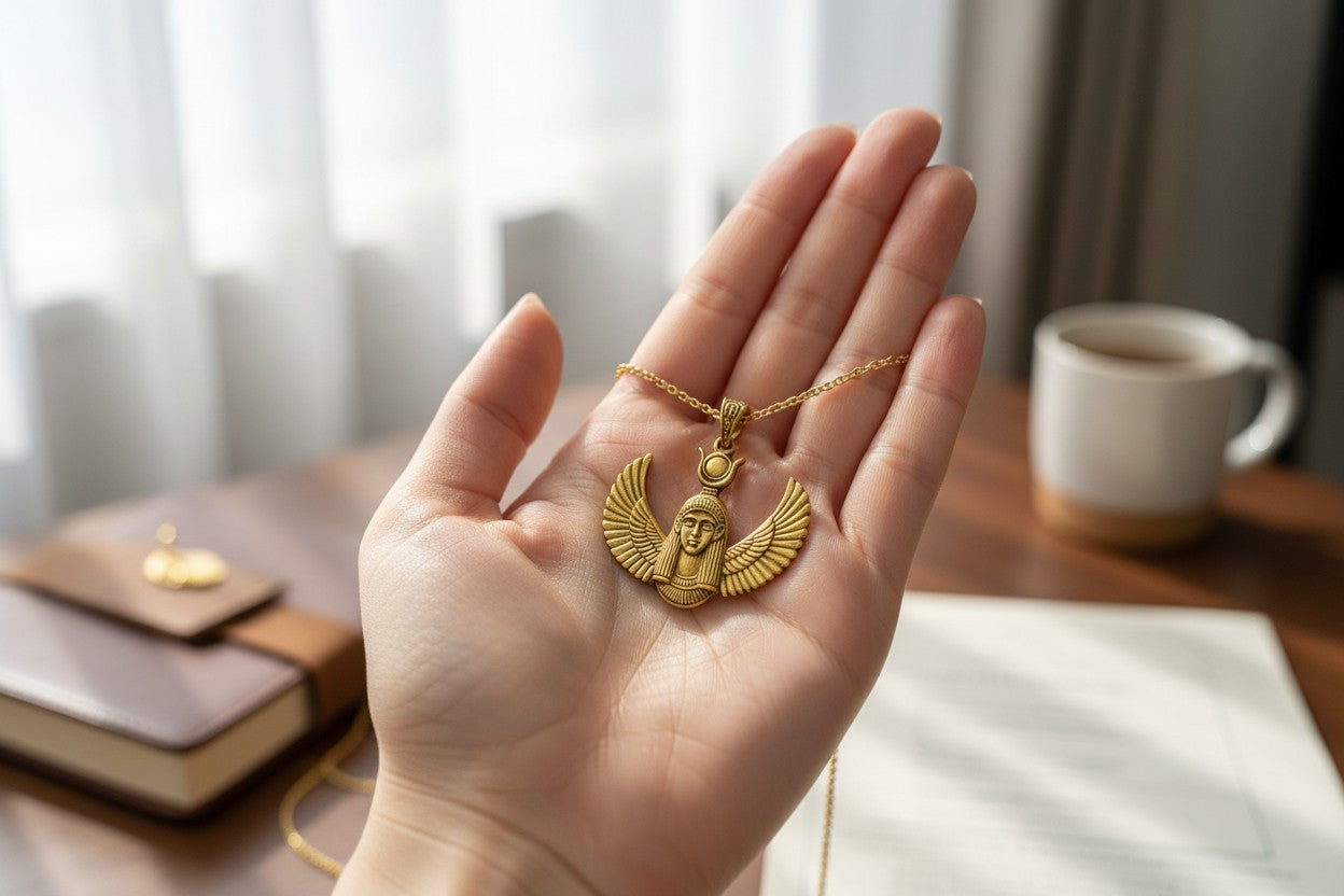Gold Goddess Hathor Pendant, Large Egyptian Goddess Necklace