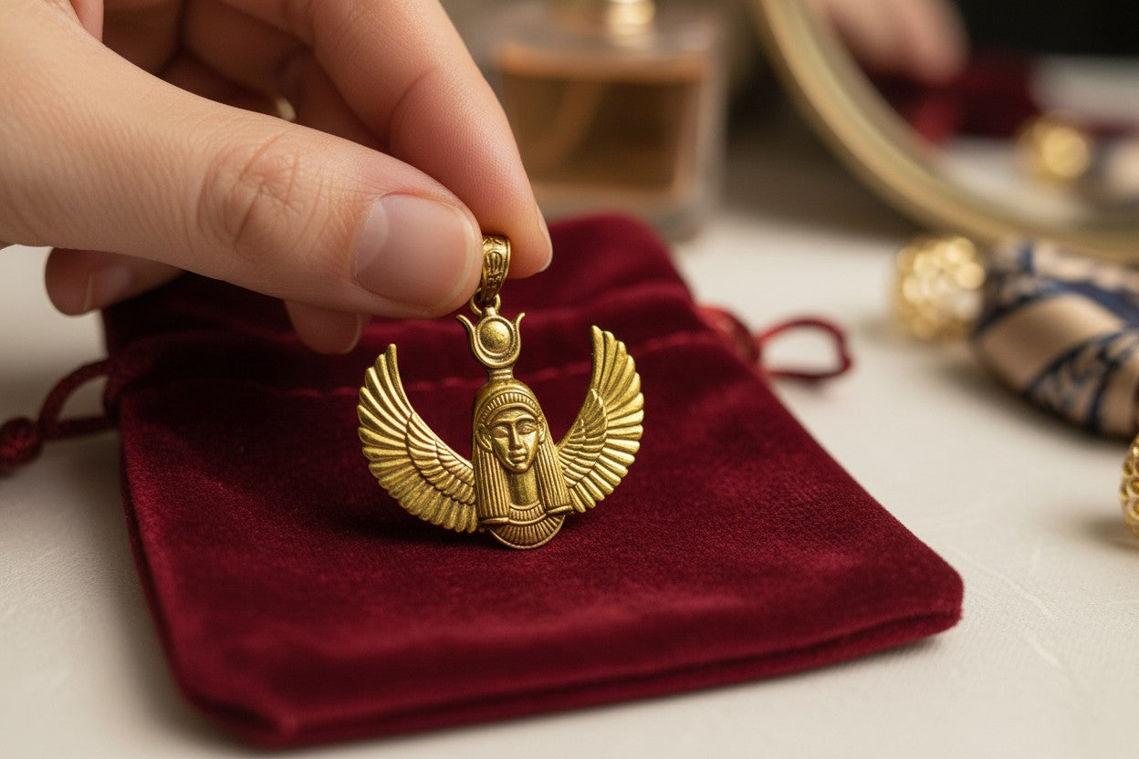 Gold Goddess Hathor Pendant, Large Egyptian Goddess Necklace