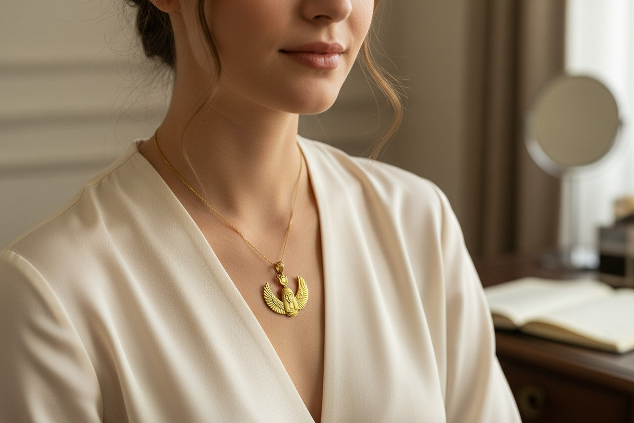 Gold Goddess Hathor Pendant, Large Egyptian Goddess Necklace